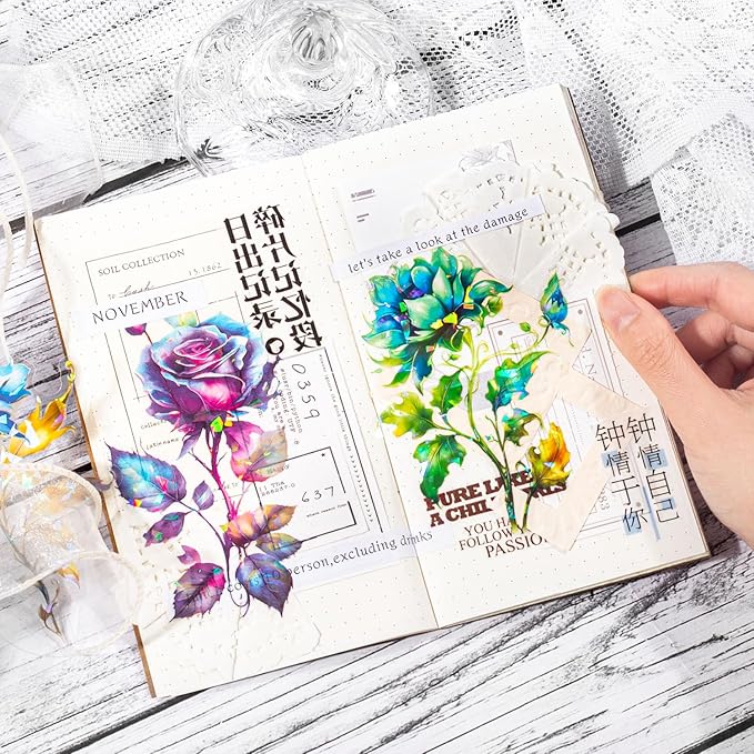 Yoksas Large Holographic Shiny Fantasy Flowers Stickers - 30Pcs Waterproof Clear Glitter Floral Scrapbook Stickers for Junk Journals,Planner,Resin Art Supplies