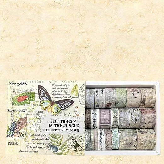 20 Rolls Vintage Washi Tape Set Retro Arts Adhesive Tapes Fleeting Monologue Decorative Masking Tape Sets for Craft, Kids, Scrapbook, DIY, Gift Wrapping (Tracks in The Jungle)