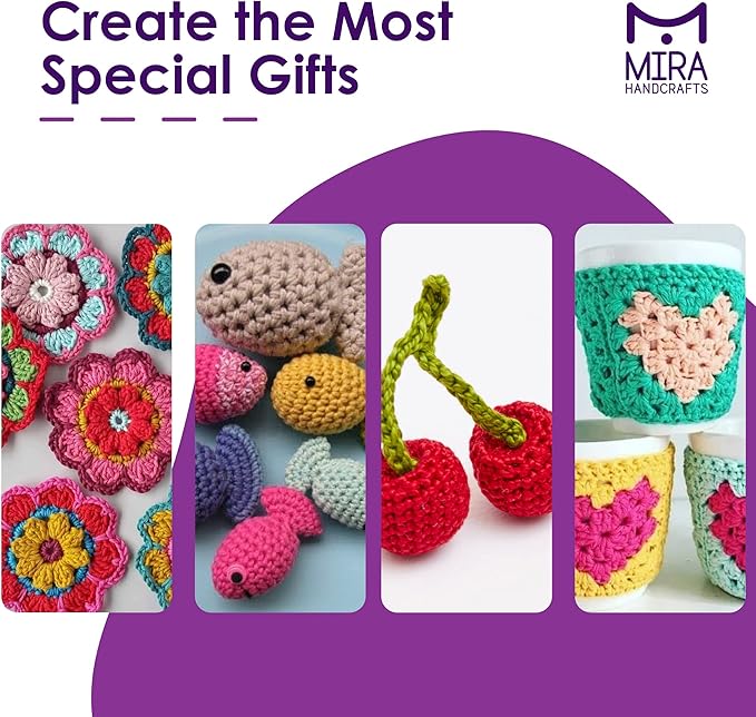 Mira HandCrafts Crochet and Knitting Starter Kit for Colorful Arts and Crafts - 24 Yarn Skeins with 525 Yards of Multicolored Thread, 2 Hooks, 2 Weaving Needles - Make Amigurumi, Scarves, and Throws