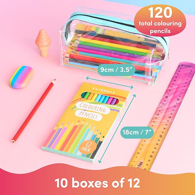 THE TWIDDLERS 10 Packs of Coloring Pencils, 12 Pencils Per Box, 120 Total - 7" Full Length Multipack Drawing Set School Supplies, Party Favors, Artist Sketching Pencils for Kids & Adults