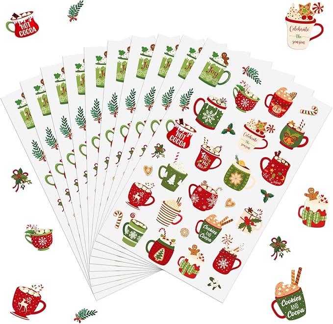 300 Pcs Hot Cocoa Winter Stickers Christmas Rustic Mini Winter Stickers Party Favors Aesthetic Waterproof Vinyl Decals Pack for Water Bottles Scrapbooking Laptop Luggage Phone Skateboard