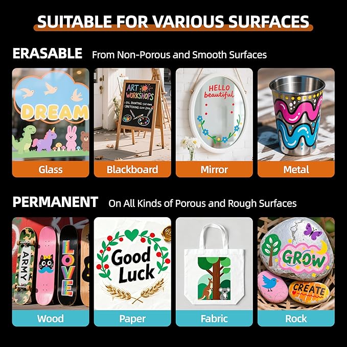 WUO Window Chalk Markers,12 Colors Car Markers,10mm 3-In-1 Jumbo Wide Nib, Dust-Free & Non-Toxic - Erasable Blackboards Marker For Rock Painting, Poster, Stone, Ceramic, Glass