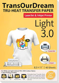 TransOurDream Heat Transfer Paper for Inkjet & Laserjet Printer (40 Sheets, 8.5x11, 3.0) Printable HTV Heat Transfer Vinyl for T Shirts Iron on Transfers for Light Fabrics (L3-40)