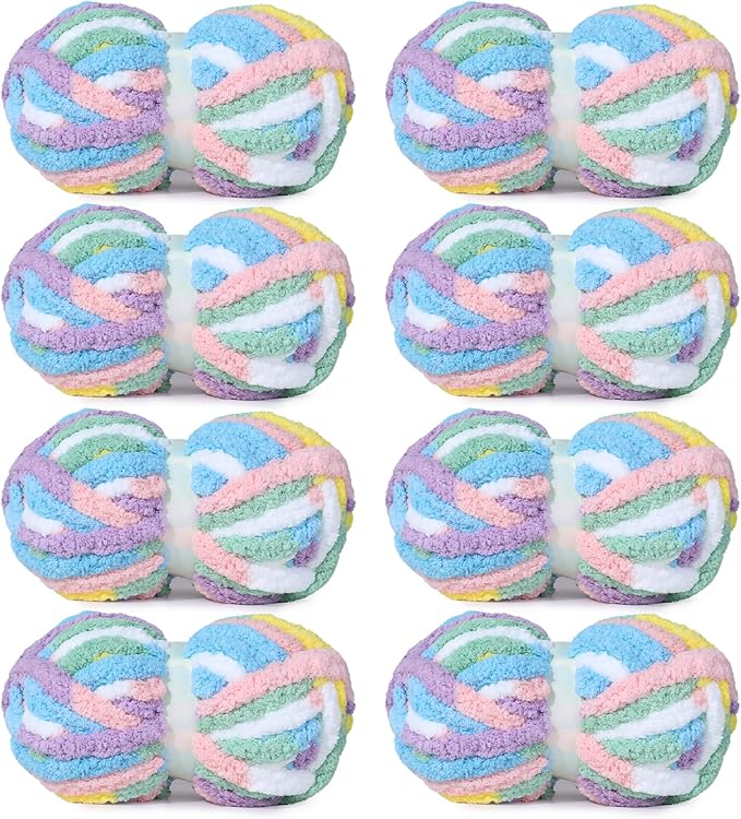 Hombys 8 Pack Giant Chunky Yarn for Crocheting & Knitting - Super Bulky, Soft, Fluffy, Plush, Fuzzy, Thick Chenille Yarn - Tie Dye, Mixed Colors (Rainbow)