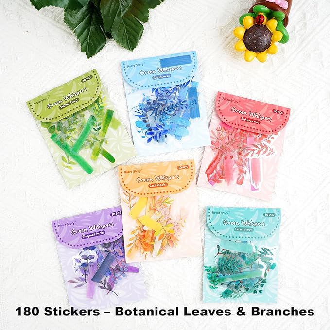 180PCS Botanical Leaf PET Stickers, Watercolor Plant Layering Tabs for Scrapbook Journal Planners and DIY Crafts