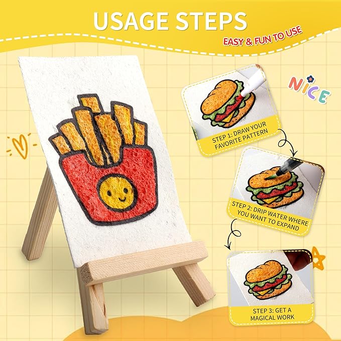 Magic 3D Foam Texture Painting Kit - 51 Pcs Puffy Paint Drawing Sponge Paper Kids Art Kit - DIY Popcorn Textured Magical Canvas Puff Paint Kid Craft Set - 24 Water Color Acrylic Marker Pens Kid Gifts