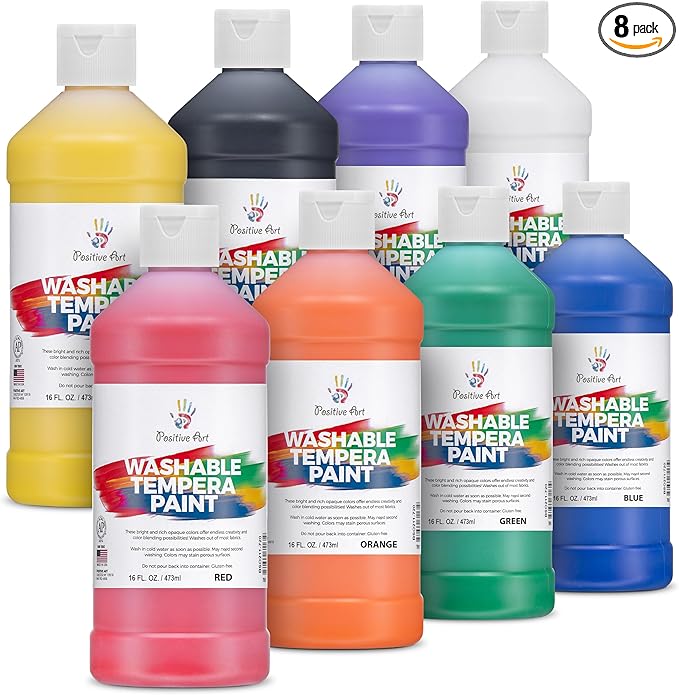 Positive Art Washable Paint for Kids – (8 Colors, 16 oz Each) Made in USA, Non-Toxic Tempera Paint Set – Bulk Classroom Paints for Students, Finger Painting, School Use – 8 Pack