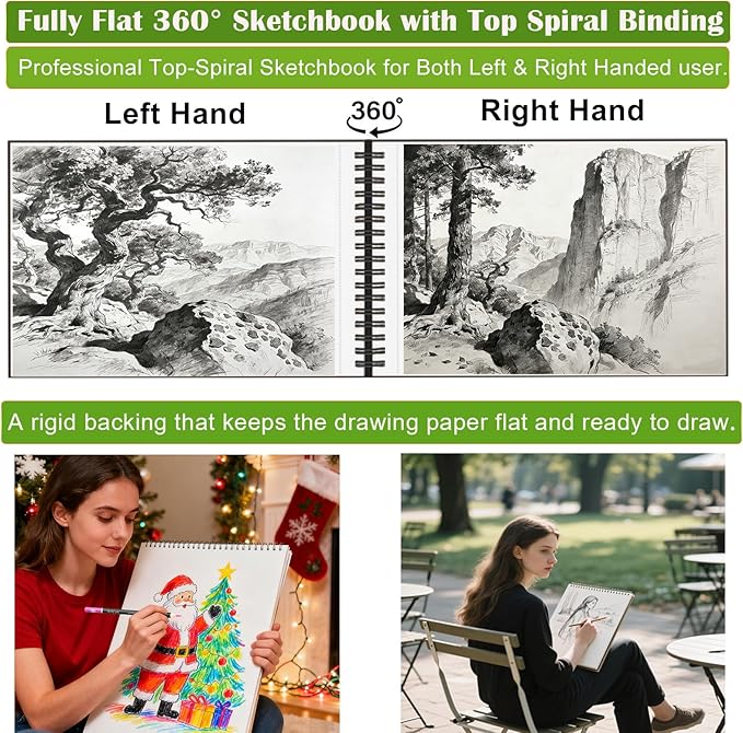 Soucolor 9" x 12" Sketch Book, 100 Sheets Top Spiral Bound Sketchbook with Acid-Free 68lb/100gsm Drawing Paper, Artist Sketch Pad for Kids, Adults & Teens Painting, Drawing, 1 Pack