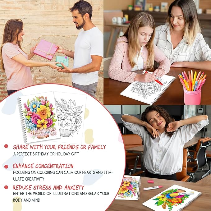 Tlenpo Adult Coloring Book for Women, Spiral Bound Adult Coloring Books for Women Relaxation, Suitable for Alcohol Markers and Colored Pencils, Single-Sided Print of Flower, 50 Coloring Pages