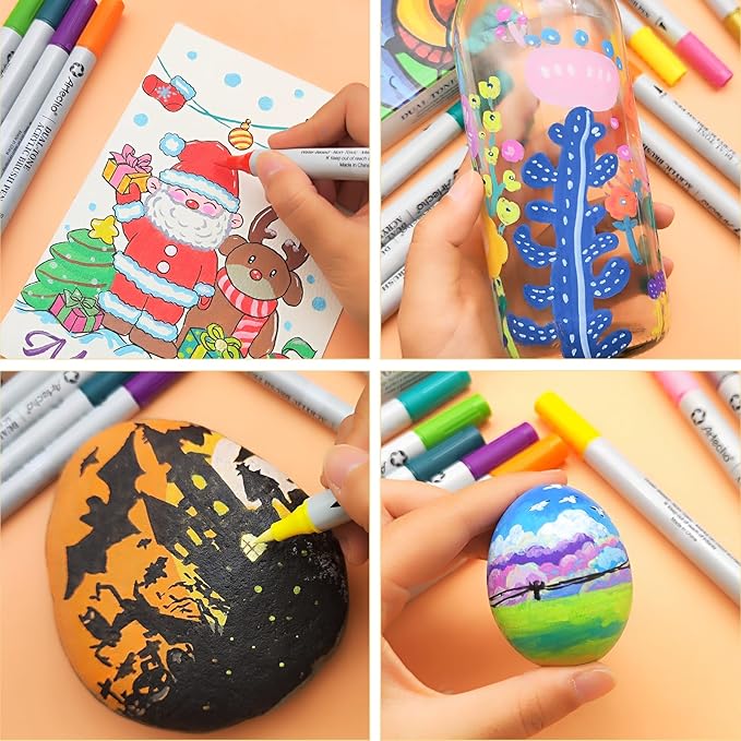 Artecho Acrylic Paint Markers 36 Pcs 72 Colors, Acrylic Paint Pens with with 0.5-5mm Brush Tip for Stone, Rock Painting, Paper, Pumpkin, Wood, Egg, Canvas, Ceramic, Fabric, leather, Glass, DIY Crafts