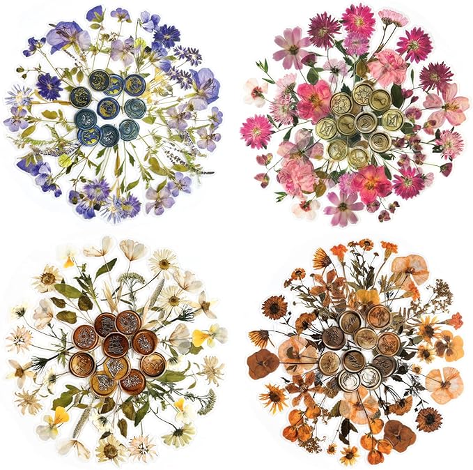 Yoksas Pressed Flower Wax Seal Stickers Set - 320Pcs Dried Flowers Plant Stickers for Junk Journaling,Scrapbook,Planner,Resin Art