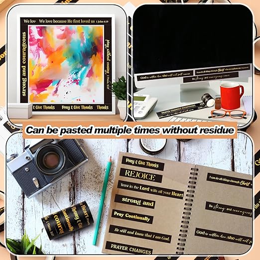 Janlaugh 24 Rolls Christian Washi Tape for Bible Journaling Gifts Bulk Religious Inspirational Scripture Supplies Black Bible Verse Washi Tape for Study Crafting New Year DIY Gifts