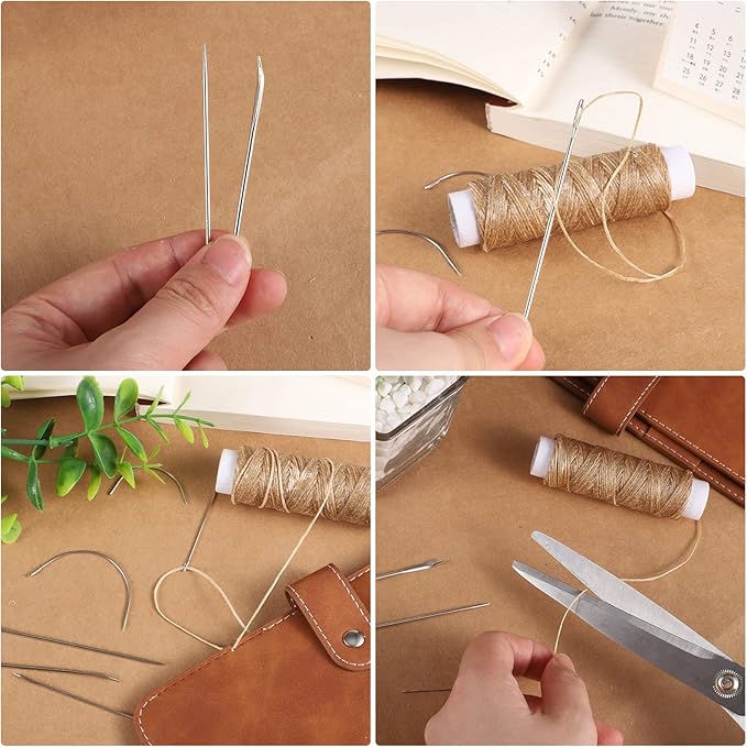 55Yards Waxed Thread with 7 Pcs Leather Needles for Hand Sewing 150D Flat Waxed Thread - Leather Repair Needles for Upholstery, Canvas Bags, Sofa Furniture (Khaki)
