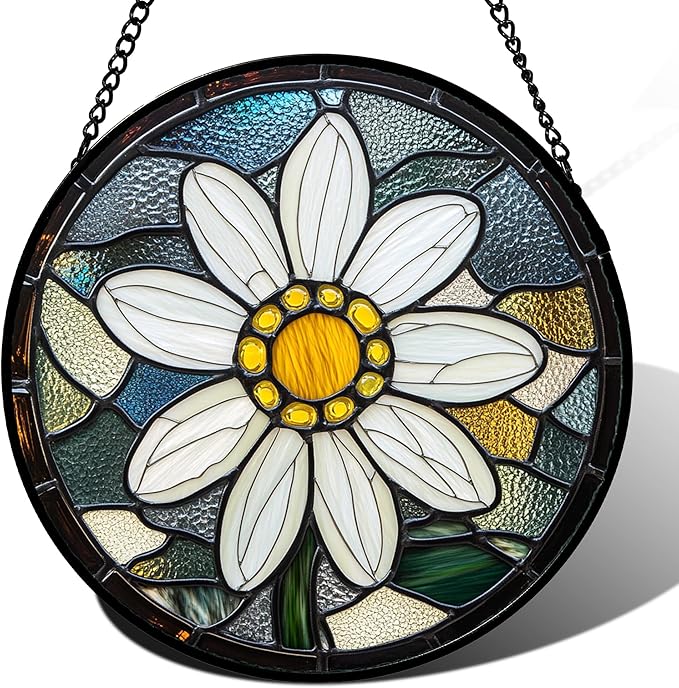 Stained Glass Window Hanging - Yellow White Daisy Birth Flower Suncatcher for Door Garden Yard Sun Catchers Decor Christmas Mother's Day Birthday Gifts for Teacher Women Mom Nana 11.8 in