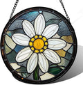 Stained Glass Window Hanging - Yellow White Daisy Birth Flower Suncatcher for Door Garden Yard Sun Catchers Decor Christmas Mother's Day Birthday Gifts for Teacher Women Mom Nana 15 in