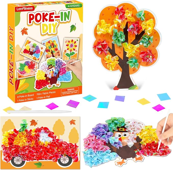 8PCS Poke-in Craft Art Kit Fall Thanksgiving No-Mess Fabric Sewing Puzzle Puncture Painting DIY Turkey Pumpkin Fall Harvest Toy Gift Creative Activity Game Birthday Party