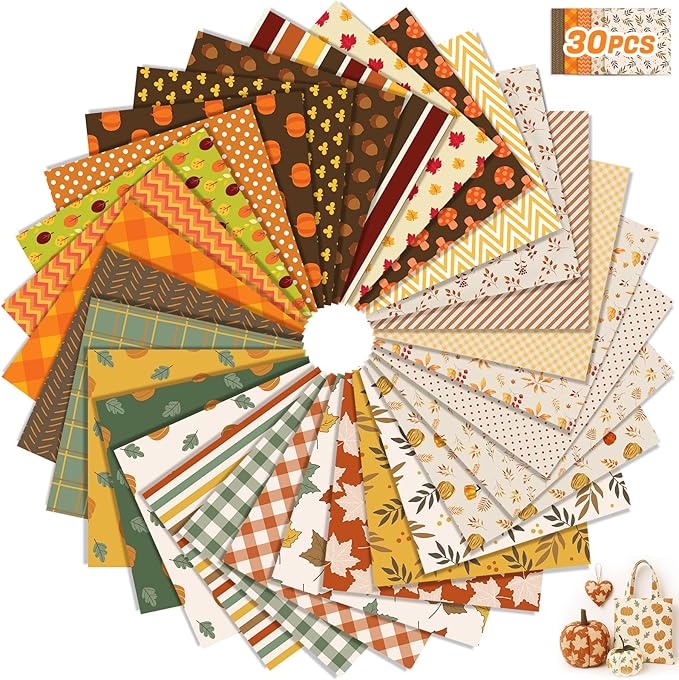 Tatuo 30 Pieces 10 x 10 Inches Cotton Fabric Bundle Squares Patchwork Floral Fabric Sewing Quilting Bundles Assorted Pattern Cloth for DIY Scrapbook Craft Making (Fall)