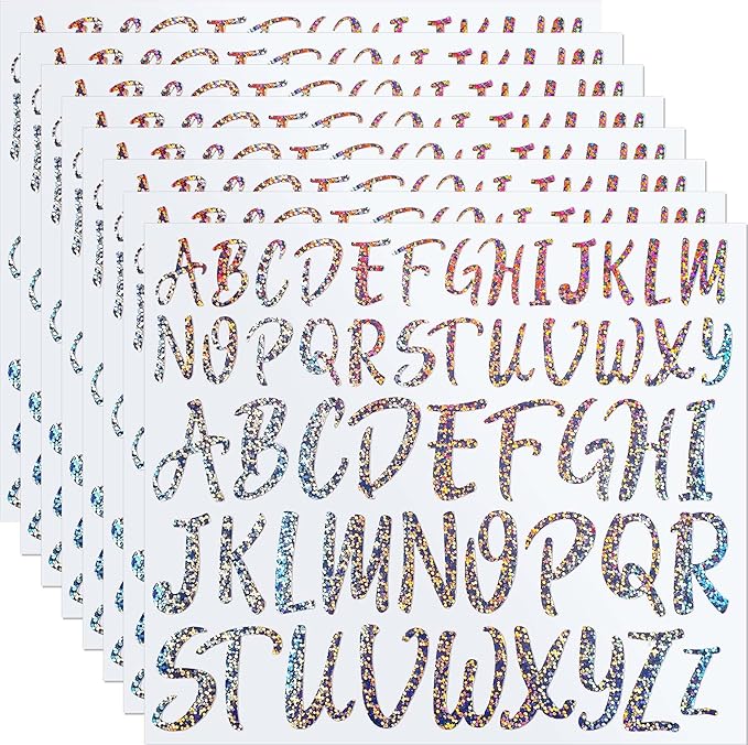 TaoBary 416 Pcs Letter Stickers 8 Sheets Alphabet Stickers 2 Size Vinyl Cursive Self-Adhesive Letter Personalized Decor for Mailbox Scrapbook Window Sign Door Classroom DIY Craft (1", 1.5",Silver)