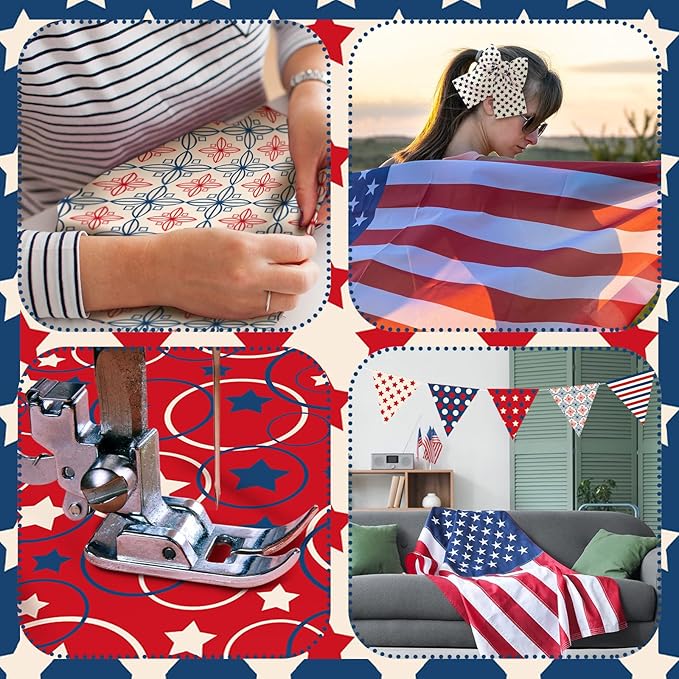 Ganeen 100 Pcs Patriotic Quilting Fabric Roll 2.56 Inch Retro 4th of July Fabric Squares Jelly Patchwork Precut Strips Bundles for Memorial Day Holiday Materials Craft DIY Sewing Cloths