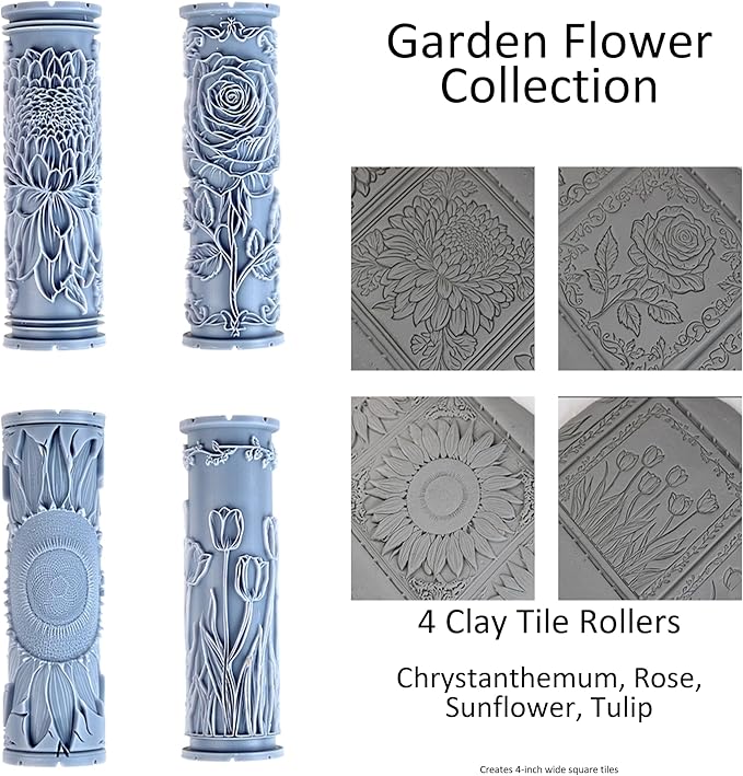 Garden Flower Collection Clay Texture Rollers 4-Pack (4") - Flower Set #01 - Embossing Pattern Rollers for Polymer & Ceramic Clay, Pottery & Crafts