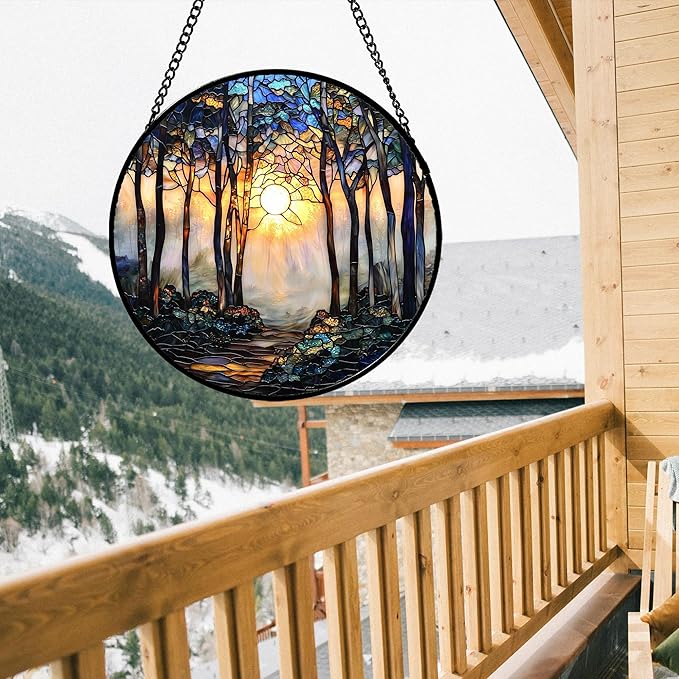 Stained Glass Window Hanging, Forest Sunrise Smoke Blue Brown Tree Suncatcher for Doors Window Home Landscape Sun Catchers Decor Mother's Day Birthday Gifts for Women, Men Mom 9.8 in