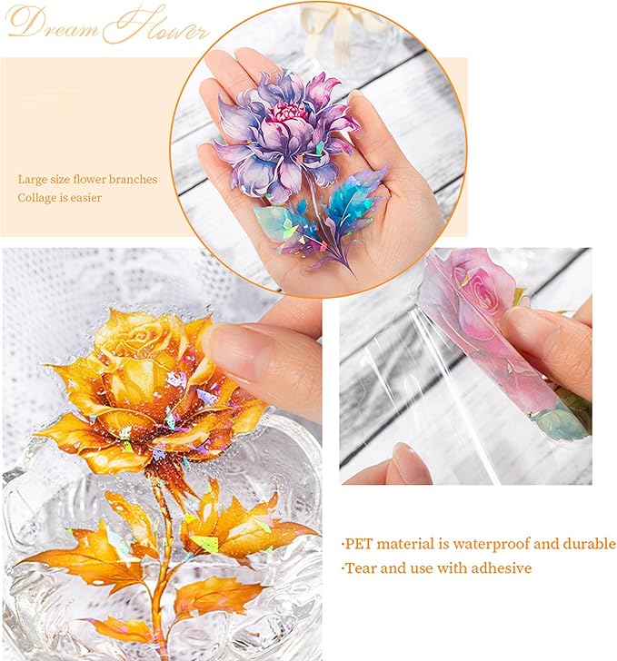 Yoksas Large Holographic Shiny Fantasy Flowers Stickers - 30Pcs Waterproof Clear Glitter Floral Scrapbook Stickers for Junk Journals,Planner,Resin Art Supplies