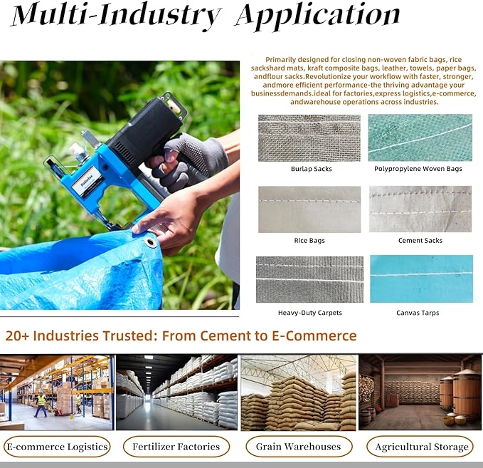 Cordless Bag Sewing Machine | Portable Industrial Bag Closer | 2-Second Fast Sealing for Woven PP/Canvas/Jute Bags | Factory & Farm Bag Stitcher (Blue, Lithium Battery - 36V DC)