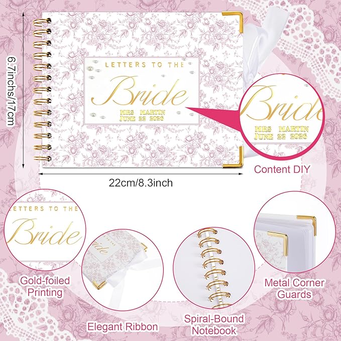 Humyoun 8.5 x 7 Inch Wedding Guest Book Letters to The Bride Scrapbook Wedding Memory Book Bridal DIY Blank Paper Scrapbook Photo Album Guest Sign with Pearl Stickers(157 Pcs,Pink Floral)