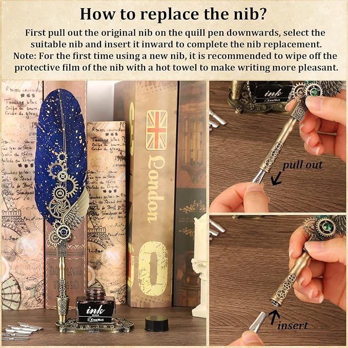 Quill Pen Ink Set with Wax Seal,Feather Quill Pen, a Collision of Punk and Retro Styles, both Calligraphy Pen Set and Wax Seal Stamp Kit, Suitable for Calligraphy Lovers of All Ages (Blue)