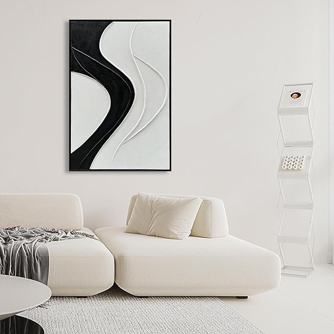 NANKAI Art Hand-Painted Thick Texture White and Black Minimalist Oil Painting 36x24 inch Large Home Wall Decorative Art Oil Painting (with Solid Wood Exterior Frame)