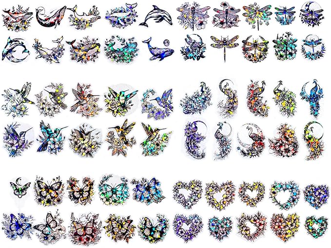 60 Pcs Black Holographic Shiny Flower Butterfly Peacocks Scrapbook Stickers - Clear Waterproof Whales Dragonfly Hummingbird Stickers for Journaling,Scrapbook,Planners,Arts Supplies