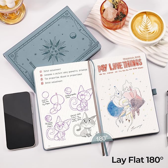 EMSHOI Bullet Dotted Journal Notebook - 320 Pages, 100gsm Thick Paper, A5 Hardcover Leather, Dot Grid Notebook for Women Men Work Writing, Bullet Journaling, Drawing, 5.75 x 8.38, GrayBlue