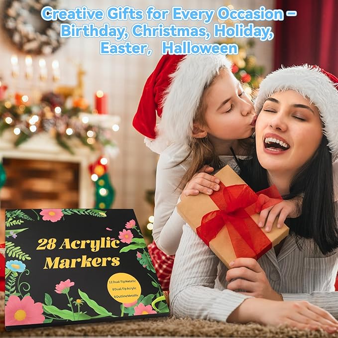 28 Acrylic Paint Markers, Acrylic Paint Pens Art Set - 12 Dual Tip Metallic, 8 Acrylic, 8 Outline Markers for Rock, Fabric and Glass, Christmas Gifts for Teens, Art Supplies for Kids Adults