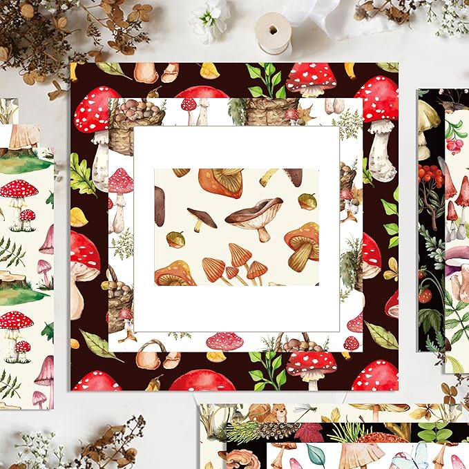 24 Sheets Mushroom Scrapbook Paper Pad Double-Sided Vintage Mushroom Squirrel Plants Moth Patterned Decorative Craft Paper for Card Making Photo Album Journal DIY Craft, 11.8'' x 11.8''