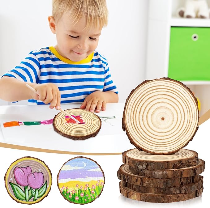 FSWCCK Unfinished Wood Slices for centerpieces,Round Wooden Discs with Tree Bark,Wood Cookies Circles for Crafts Christmas Ornaments,Wood Slice for Rustic Wedding Decoration (4"- 4 .7")