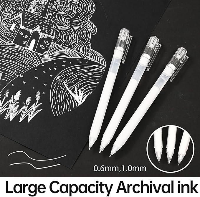 White Gel Pens,0.6/1.0mm Fine Point Gel Ink Pens,Opaque White Ink Pens for Black Paper Drawing, Sketching, Illustration, Card Making, Bullet Journaling,Pack of 6