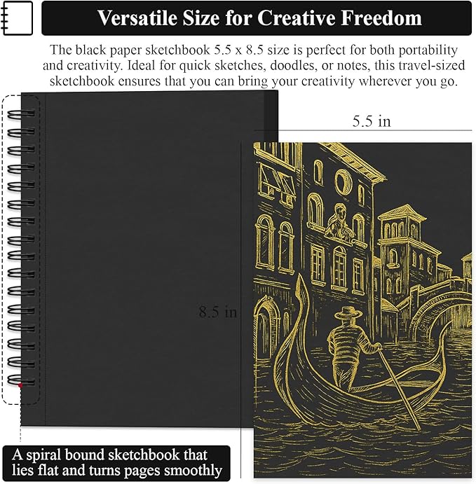 SuFly Black Paper Sketchbook 5.5 x 8.5, 60 Sheets (90lb/150gsm) Artist Papers for Drawing | Black Paper for Colored Pencils & Gel Pens, Artist Supplies, Sketch Books for Teens and Adults.
