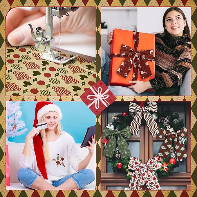 Oudain 60 Pcs 10 x 10 Inch Christmas Vintage Stripe Quilting Fabric Squares Vintage Xmas Fat Patchwork Precut Strips Santa Deer Fabric Bundles for Xmas DIY Craft Sewing