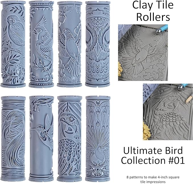 Ultimate Bird Clay Texture Rollers 8-Set (4") - Bird Set #01 - Embossing Pattern Rollers for Polymer & Ceramic Clay, Pottery & Crafts