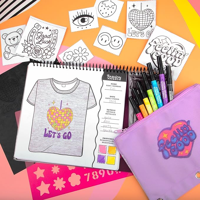 Fashion Angels T-Shirt Design Sketch Portfolio, Includes Stencils, Sketch Pages & Fabric Markers, DIY Fashion Design Kit for Kids & Teens