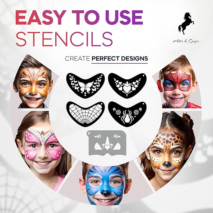 Face Paint Kit for Kids – Twin Palette with 12 Split Cake Colors, 3 Brushes & 5 Reusable Stencils – Non-Toxic, Paraben-Free, Easy to Use & Wash Off – Ideal for Parties, Halloween & Playtime.