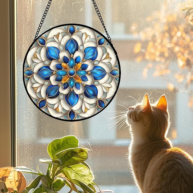 Stained Glass Window Hanging - Blue and White Abstract Flowers Suncatcher for Door Terrace Garden Home Decor, Gold Sun Catcher Birthday Gifts for Lovers Women Men Dad Mom Nana 6.3 in