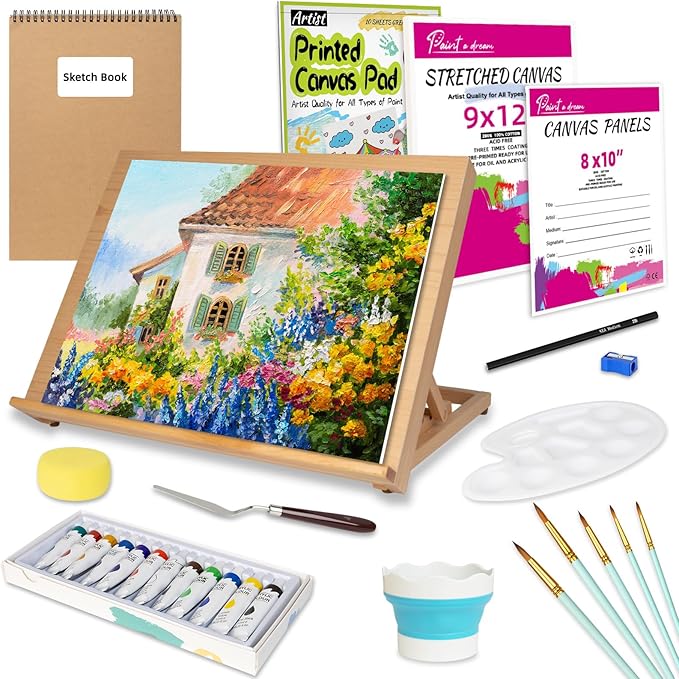28PCS Tabletop Easel Set with 12 Acrylic Paints | 5 Brushes | 9x12 Canvas & 8x10 Panels | Palette | Sketchbook | Cleaning Bucket | Canvas Pad | Art Painting Kits for Adults, Kids & Artists