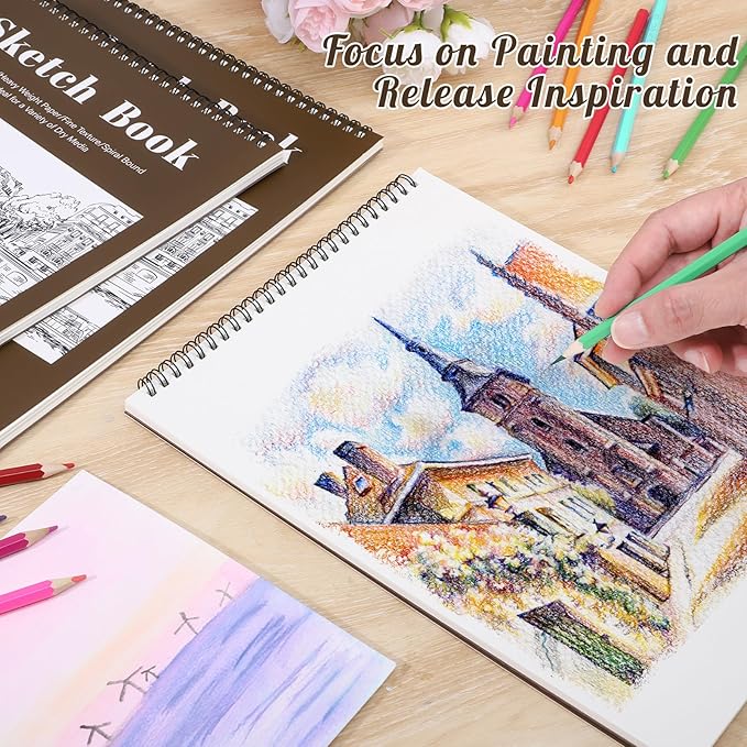 12 Pack Sketch Book, 5.5 x 8.5 Inch Sketchbook, 68lb/100gsm Top Spiral Bound Sketch Pad, Acid Free Art Supplies Drawing Painting Sketching Paper for Kids, Beginners, Artists (Tan)