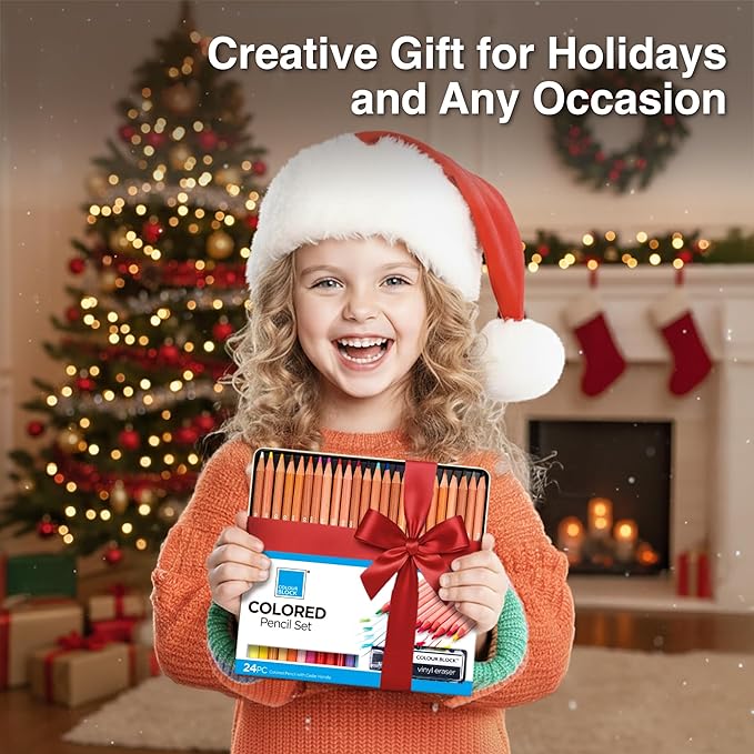 COLOUR BLOCK Colored Pencil Set - 24 Piece, Premium Cedar Handle Drawing Pencils, Vinyl Eraser, Sharpener, Tin Storage Box