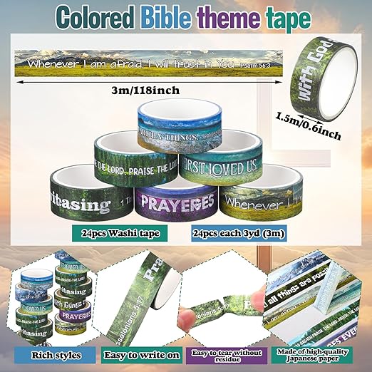 Janlaugh 24 Rolls Christian Washi Tape Gifts Bulk Religious Inspirational Scripture Supplies Scenery Bible Verse Washi Tape for Bible Journaling Study Crafting Spring Gifts Favors