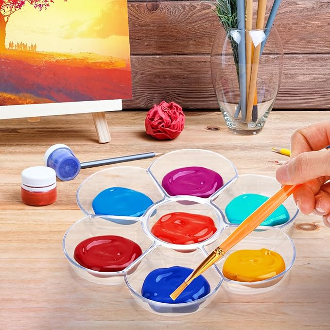 Foraineam 30 Pack Plastic Paint Tray Palettes, 7 Well Flower Petal Painting Dish Watercolor Mixing Palette, Artist Clear Paint Holder Tray Craft Supplies for Oil Acrylic Watercolor Gouache
