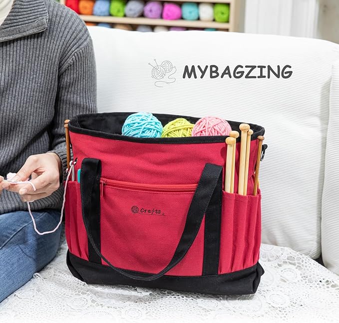 MYBAGZING Canvas Yarn Storage Organizer Bag Washable Crochet Bag with Pockets for Yarn, Hooks, Needles – Travel Knitting Tote for Crafters – Gift for Crocheters & Knitters (Medium/Large)