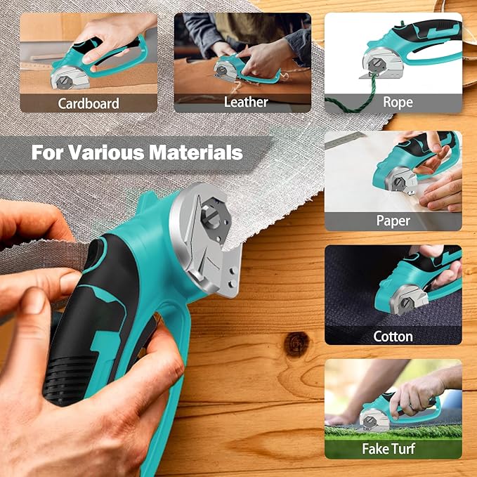 Cordless Electric Scissors, 4V Box Cutter & Cardboard Cutter with 2 Titanium Blades - Rotary Cutter with LED Light for Fabric, Leather, Carpet, Plastic, Crafting + Storage Case (Aqua Blue)