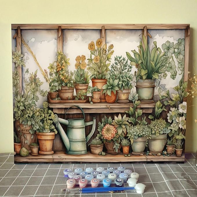 Vintage Wood Gardening Painting Paint by Number Rustic Garden Scenery with Plants DIY Painting on Canvas with Brushes Acrylic Paints Paint by Numbers for Adults and Beginner 16x20 Inch（without Frame）